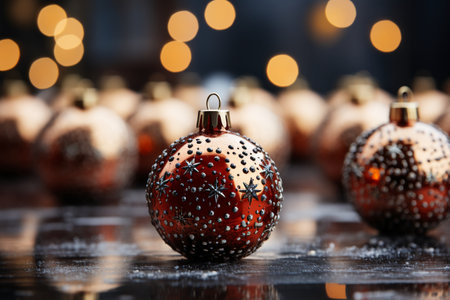 Beautiful Christmas balls on blurred background, closeup. Festive decorationの素材