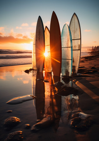 Surfboards on the beach at sunset, with reflection in waterの素材