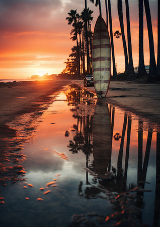 Surfboard on the beach at sunset with palm trees and reflectionの素材