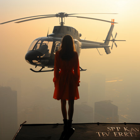Silhouette of a girl in a red dress and a helicopter on the background of the city.の素材