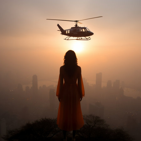 Silhouette of a woman in a red dress looking at a helicopter flying over the cityの素材