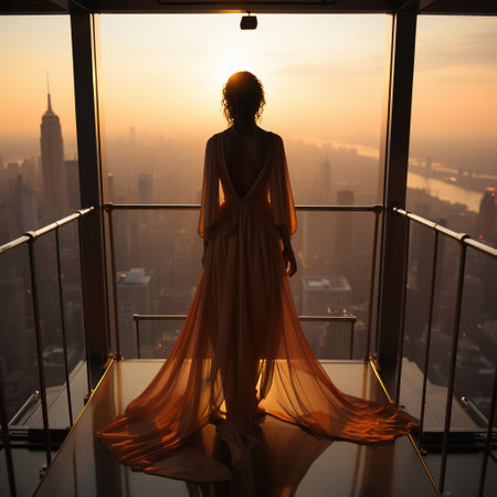 Silhouette of a beautiful woman in a long evening dress on the observation deck of a skyscraperの素材