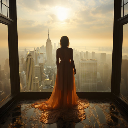 Silhouette of a beautiful woman in a long orange dress on the background of New York.の素材