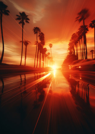 Palm trees along the road at sunset, California, USA.の素材