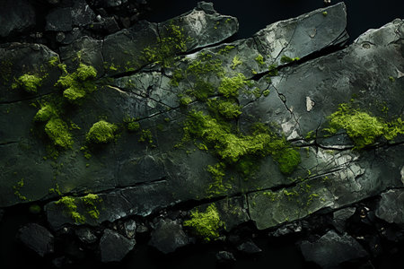 Green moss on black stone background. 3d rendering, 3d illustration.の素材
