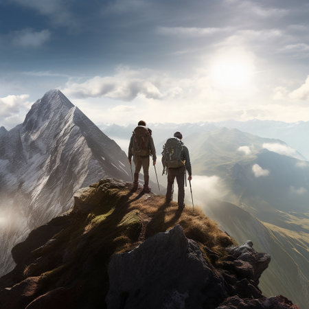 Couple of hikers with backpacks standing on top of a mountain and looking at the sunriseの素材