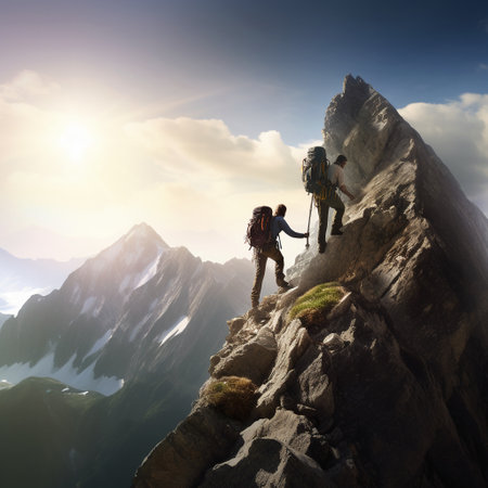 Hikers with backpacks climbing on the top of a mountain.の素材