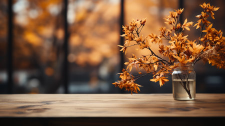 Empty wooden table and autumn flowers in vase on blurred background.の素材
