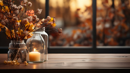 Beautiful autumn composition on wooden table near window. Space for textの素材