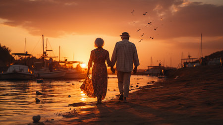 Senior couple walking on the beach at sunset. Back view of elderly man and woman holding hands.の素材