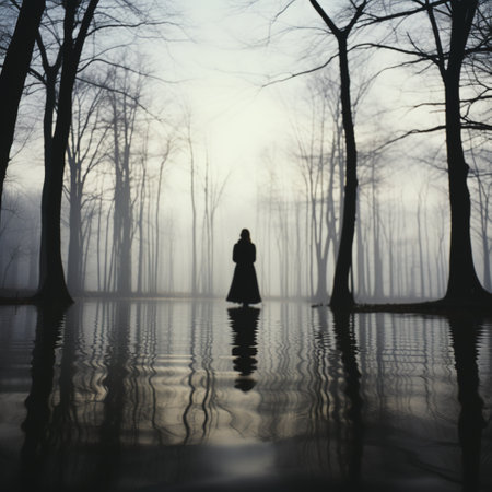 Silhouette of a woman standing in a foggy lake.の素材