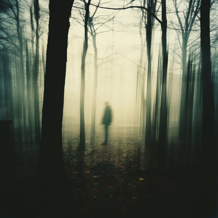 Young woman walking in a foggy forest in autumn, filtered imageの素材