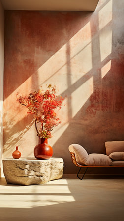 Living room interior with a sofa and a vase with autumn leavesの素材