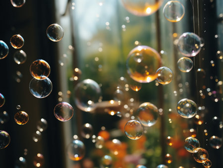 Colorful soap bubbles on the window in the morning. Shallow depth of field.の素材
