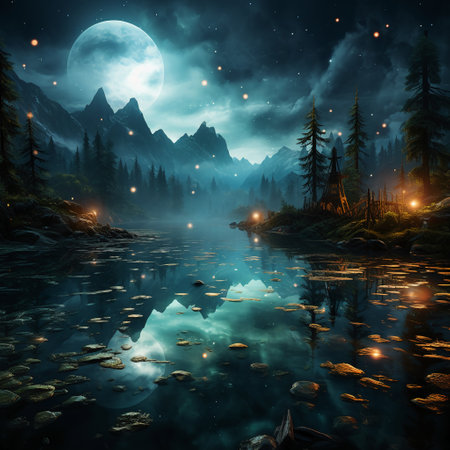 Fantasy landscape with mountain lake and moon. 3D illustration.の素材