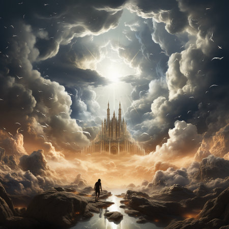 Surreal image of businessman standing in front of giant building. Mixed mediaの素材