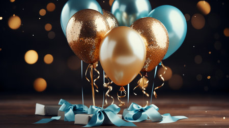 Golden and blue balloons with ribbon and gift box on wooden table. 3d renderingの素材