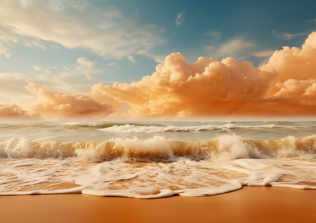 beautiful sunset on the beach, waves and clouds in the skyの素材
