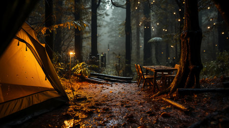 Camping in the forest at night. Wooden table, chairs and yellow tent.の素材