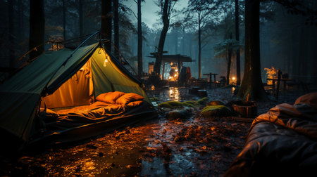 Camping tent in the forest at night with foggy background.の素材
