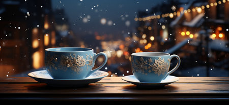 Coffee cups on wooden table in front of winter city backgroundの素材