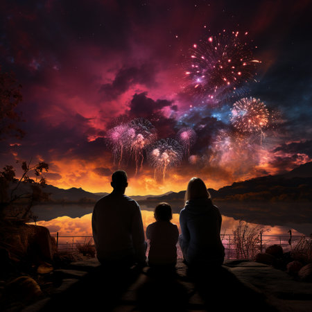 Silhouette of a family looking at fireworks in the night skyの素材