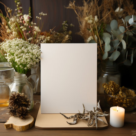Blank card mockup with dried flowers and candle on wooden tableの素材