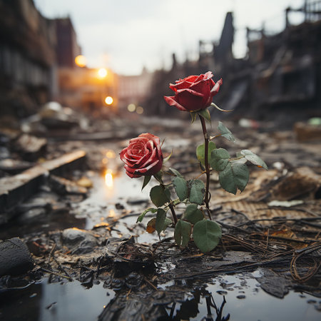 Red rose on the background of a destroyed building in the city.の素材