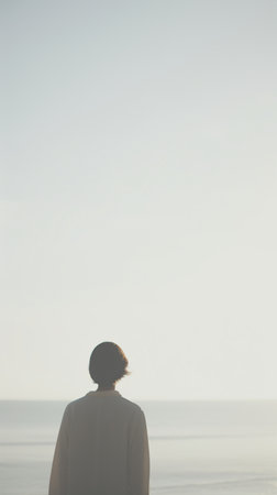Back view of a young woman looking at the sea in the morningの素材