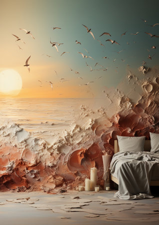 3d render of a bed on the beach at sunset with seagullsの素材
