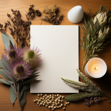 Blank sheet of paper, dried flowers and candles on wooden backgroundの素材