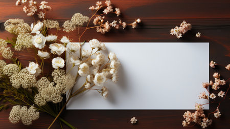White flowers on a brown wooden background. Flat lay, top view.の素材