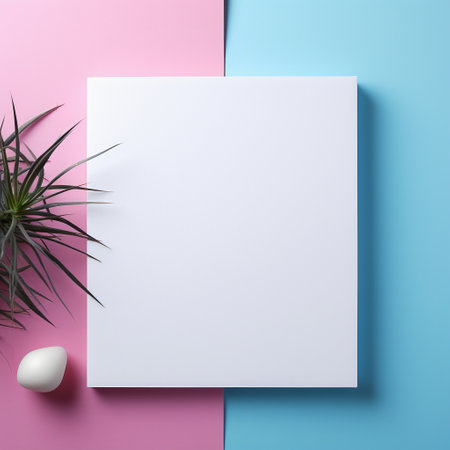 Design concept - top view of white blank paper on blue and pink background for mockupの素材