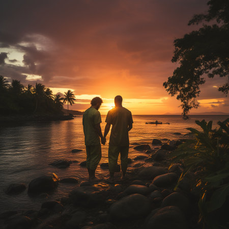 Silhouette of a young couple on the beach at sunset.の素材