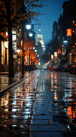 Wet street at night in Bucharest, Romania, Europe.の素材