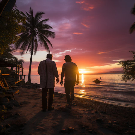 Couple walking on the beach at sunset in the tropics.の素材