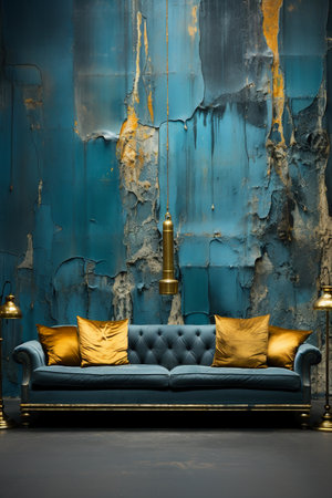 Interior design of modern living room with blue sofa and gold lampの素材