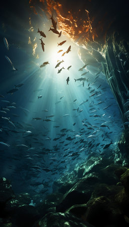 Underwater scene with fish and sunrays. 3D rendering.の素材