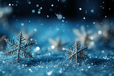 Christmas snowflakes on blue bokeh background with snowfallの素材