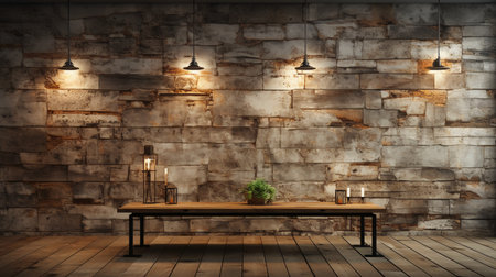Wooden table with candles on brick wall background. 3d renderingの素材