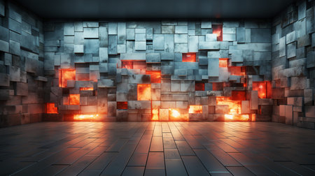 3D rendering of a dark room with a glowing brick wall and floorの素材