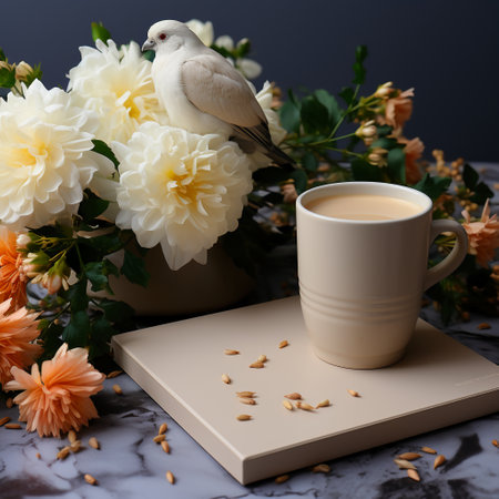Cup of coffee with white doves and flowersle backgroundの素材