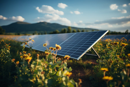 Photovoltaic panels with sunflower field in the background.の素材
