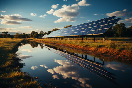 solar energy panels with reflection in water, beautiful photo digital pictureの素材