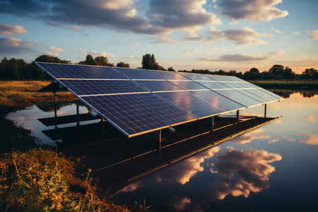 Solar panels on the water. Photovoltaic modules for renewable electric production.の素材