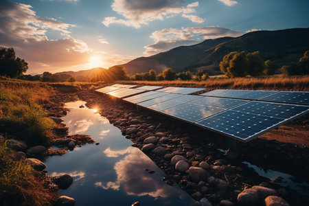 Solar panels on the river bank at sunset. Alternative energy source.の素材