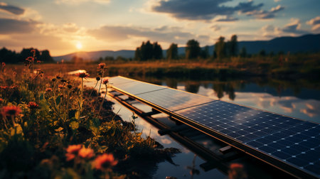 Solar panels in the field at sunset. Alternative energy source. Alternative energy concept.の素材
