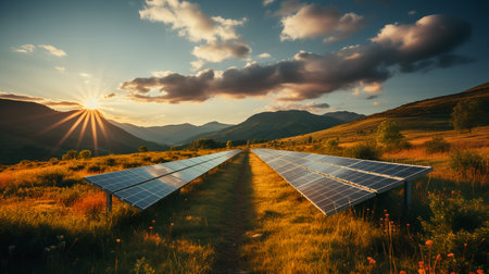 Solar panels on the background of the mountains and the setting sun.の素材