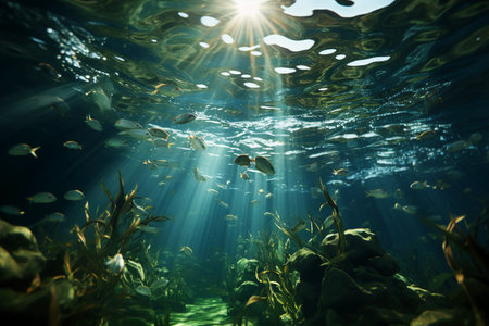 Underwater view of tropical coral reef with fishes and rays of lightの素材