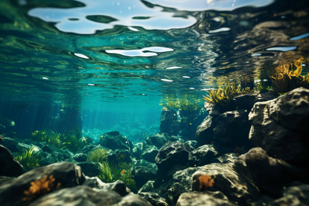 Underwater view of seabed with seaweed and stones.の素材